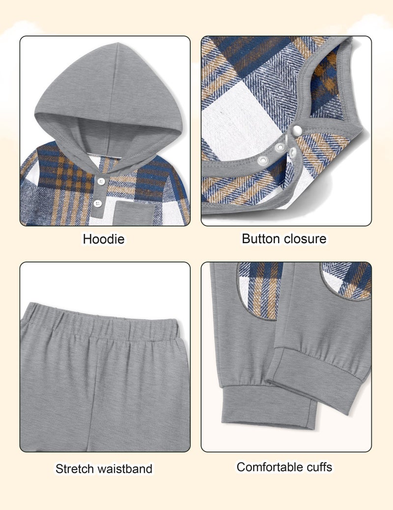 Fommy Baby Boy Clothes 3-6 Months Fashion Infant Boy Outfits Baby Gray Flannel Plaid Long Sleeve Hoodie Romper & Gray Pants Fall Winter 2 Pcs Clothes for Boy - Image 5