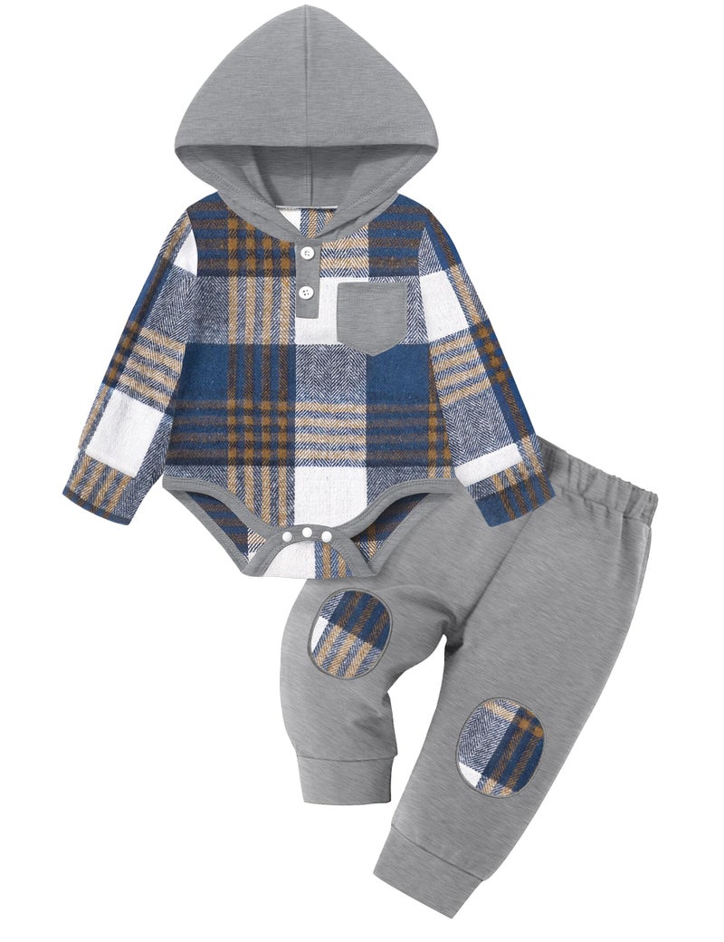 Fommy Baby Boy Clothes 3-6 Months Fashion Infant Boy Outfits Baby Gray Flannel Plaid Long Sleeve Hoodie Romper & Gray Pants Fall Winter 2 Pcs Clothes for Boy - Image 1