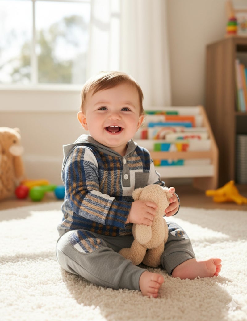 Fommy Baby Boy Clothes 3-6 Months Fashion Infant Boy Outfits Baby Gray Flannel Plaid Long Sleeve Hoodie Romper & Gray Pants Fall Winter 2 Pcs Clothes for Boy - Image 2