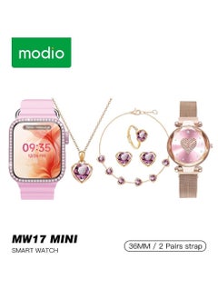 modio Modio MW17 Mini Ladies Smart Watch with 36mm Display 2 Pair Strap and 5 in 1 Diamond Jewellery Combo Pink  - Image 1