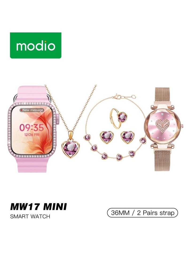 modio - Modio MW17 Mini Ladies Smart Watch with 36mm Display 2 Pair Strap and 5 in 1 Diamond Jewellery Combo Pink - Image 1