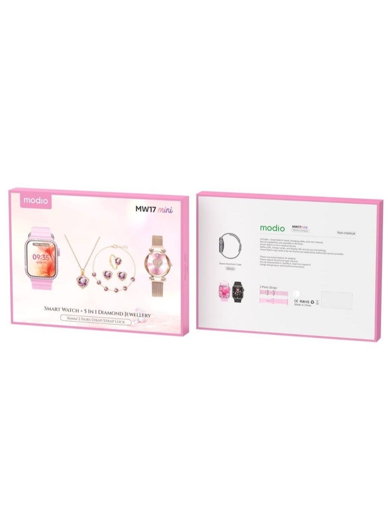 modio - Modio MW17 Mini Ladies Smart Watch with 36mm Display 2 Pair Strap and 5 in 1 Diamond Jewellery Combo Pink - Image 1
