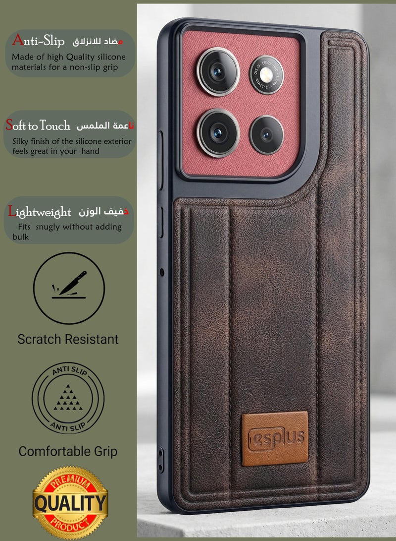 جراب خلفي فاخر من السيليكون بلمسة نهائية جلدية لهاتف موتورولا موتو G86 باور | غطاء سيليكون عالي الجودة مصمم خصيصًا لهاتف موتورولا موتو G86 باور | حماية فائقة من الصدمات، مقاوم للصدمات، مقاوم لبصمات الأصابع، ملمس مريح، جراب متين لحماية ظهر هاتف موتورولا موتو G86 باور - أسود/بني - Image 2