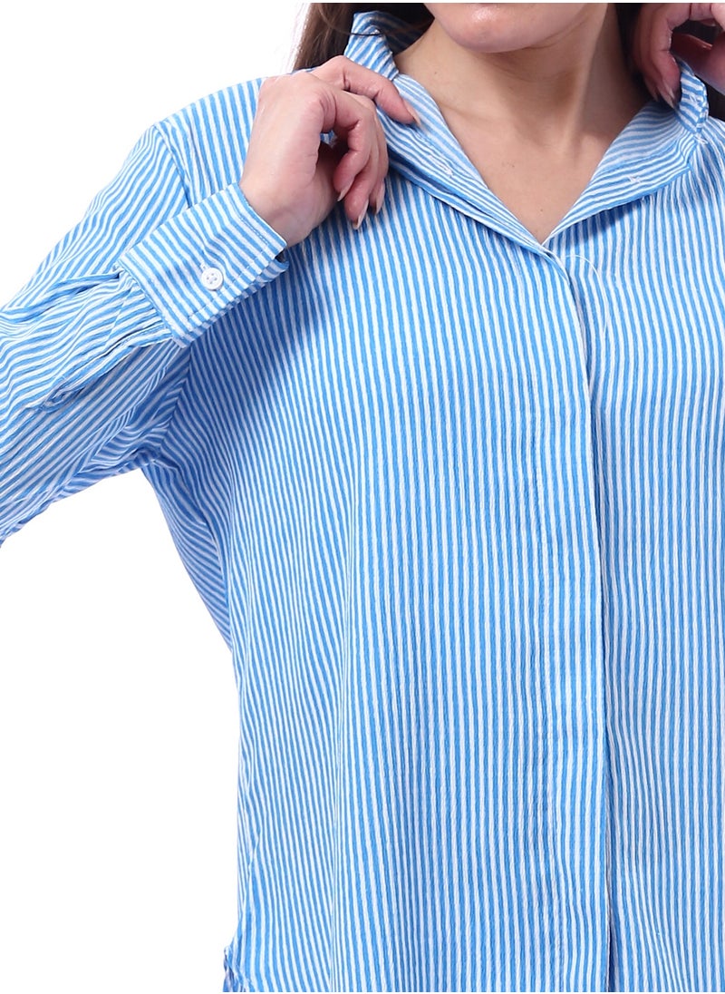 Andora - Feminine Striped Button Down Long Sleeves Shirt _ Light Blue & White - Image 1