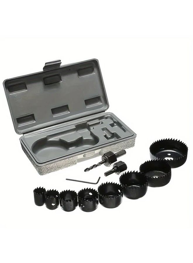 Black Eleven Piece Carbon Steel Hole Saw Cutting Kit For Wood Metal Plastic - Image 1