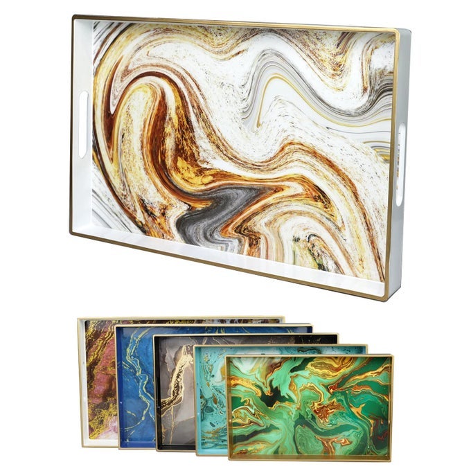 WHITE MARBLING DECORATIVE TRAY WITH HANDLES MORDEN PLASTIC RECTANGULAR SERVING TRAY FOR COFFEE TABLE BATHROOM OTTOMAN HOME DECOR 157 102 138