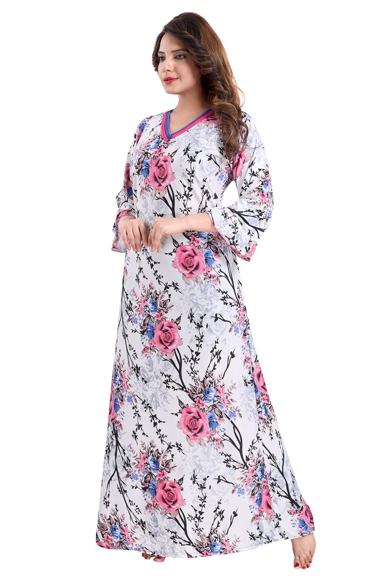 Fabme Women's Crepe Printed Floor Length Night Gown (White, Pink_M_NW0250PK-M) - Image 2
