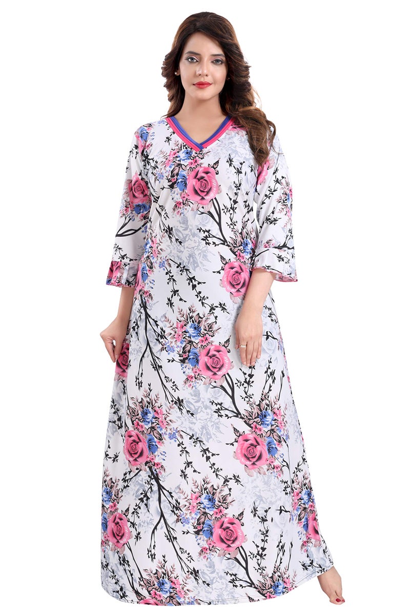 Fabme Women's Crepe Printed Floor Length Night Gown (White, Pink_M_NW0250PK-M) - Image 1