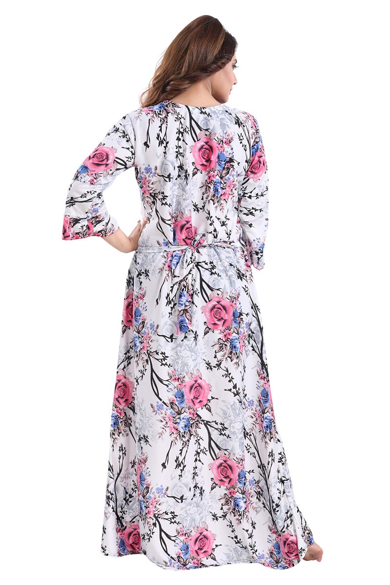 Fabme Women's Crepe Printed Floor Length Night Gown (White, Pink_M_NW0250PK-M) - Image 3