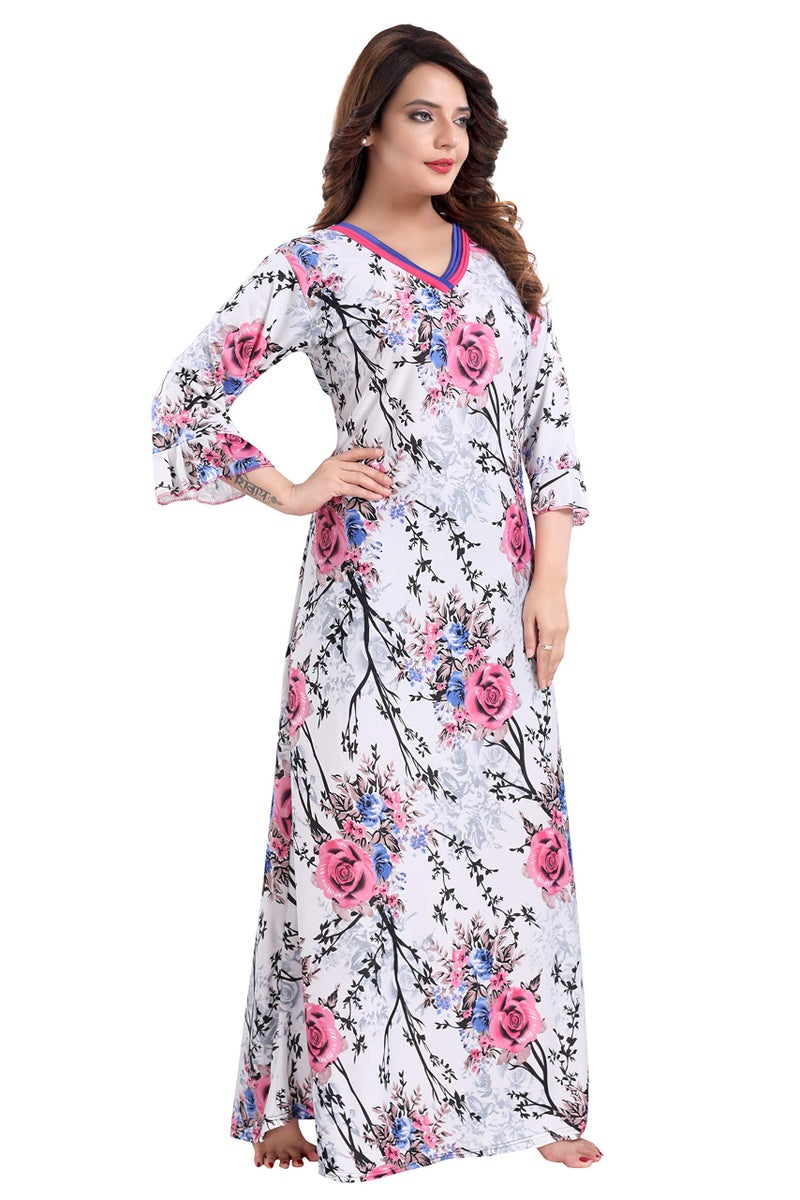 Fabme Women's Crepe Printed Floor Length Night Gown (White, Pink_M_NW0250PK-M) - Image 4