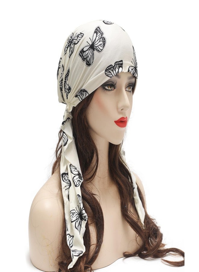 ZLYC Women Summer Chemo Beanie Hat Turbans Head Scarf Pre-Tied Headwear(Butterfly White), Butterfly White, One Size - Image 2