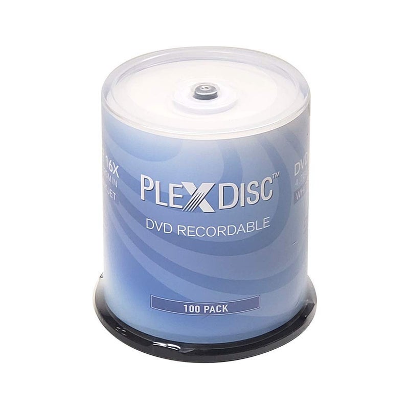 PlexDisc DVDR 47GB 16X White Inkjet Hub Printable 100 Pack Cake Box FFP Blank DVDs for Video Burning Recordable Media Discs