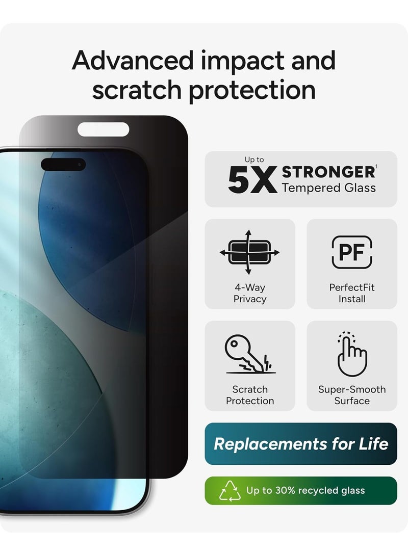 ZAGG Privacy XTR Screen Protector for iPhone 17-4-Way Privacy Full-Screen Filter, 5X Stronger, Fingerprint-Resistant Tempered Glass, Smooth Feel, Easy Two-Step Installation - Image 2