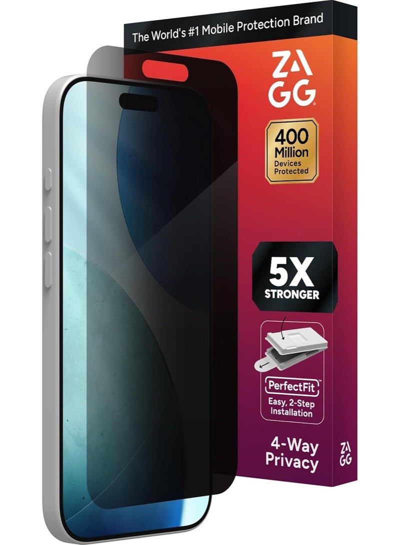 ZAGG Privacy XTR Screen Protector for iPhone 17-4-Way Privacy Full-Screen Filter, 5X Stronger, Fingerprint-Resistant Tempered Glass, Smooth Feel, Easy Two-Step Installation - Image 1