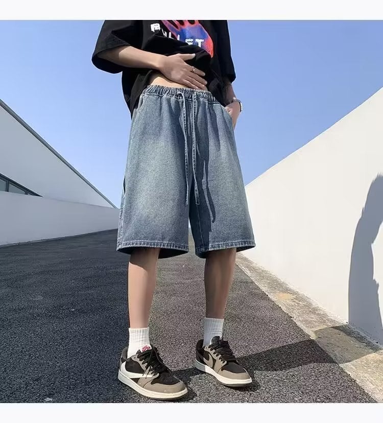 Generic 2023 Denim Shorts Mens Summer Loose Straight Tooling Pants American Retro Wide Leg Casual Breeches for Men Dark Blue