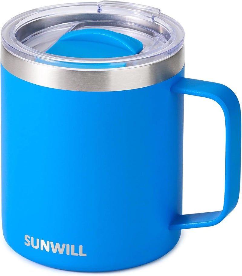 SUNWILL Insulated Coffee Mug with Lid, Travel Tumbler with Handle, 14 oz Stainless Steel Cup for Camping, Office, Home, Powder Coated Royal Blue - Image 1