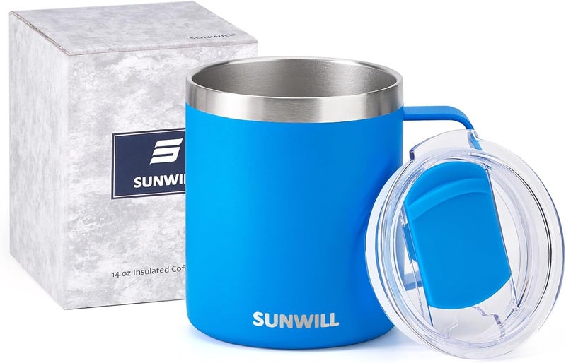 SUNWILL Insulated Coffee Mug with Lid, Travel Tumbler with Handle, 14 oz Stainless Steel Cup for Camping, Office, Home, Powder Coated Royal Blue - Image 5