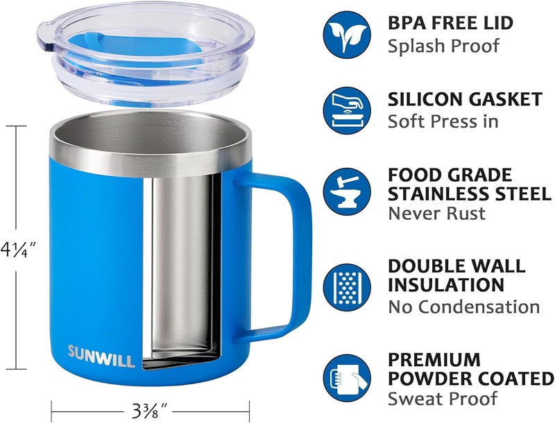 SUNWILL Insulated Coffee Mug with Lid, Travel Tumbler with Handle, 14 oz Stainless Steel Cup for Camping, Office, Home, Powder Coated Royal Blue - Image 2