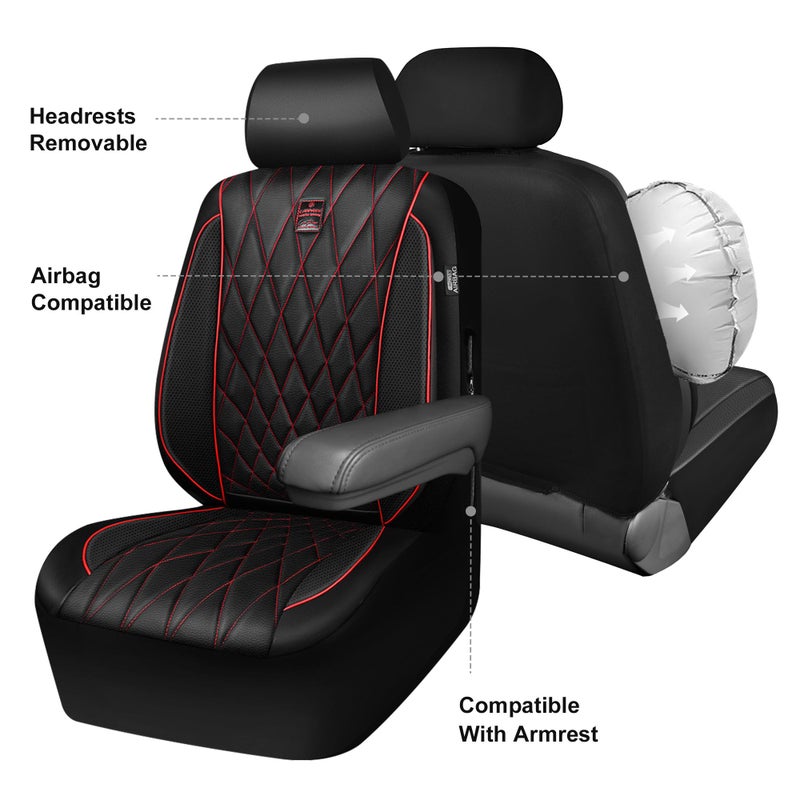 CAR PASS Piping Luxury Leather Seat Covers Full Set,5 Seats Anti-Slip Waterproof Seat Covers Compatible with Front Armrests,Universal Fit for Sendan SUV Van Truck,Airbag Compatible,Black and Red - Image 3
