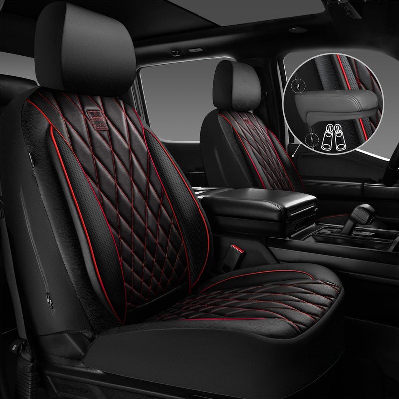 CAR PASS Piping Luxury Leather Seat Covers Full Set,5 Seats Anti-Slip Waterproof Seat Covers Compatible with Front Armrests,Universal Fit for Sendan SUV Van Truck,Airbag Compatible,Black and Red - Image 2