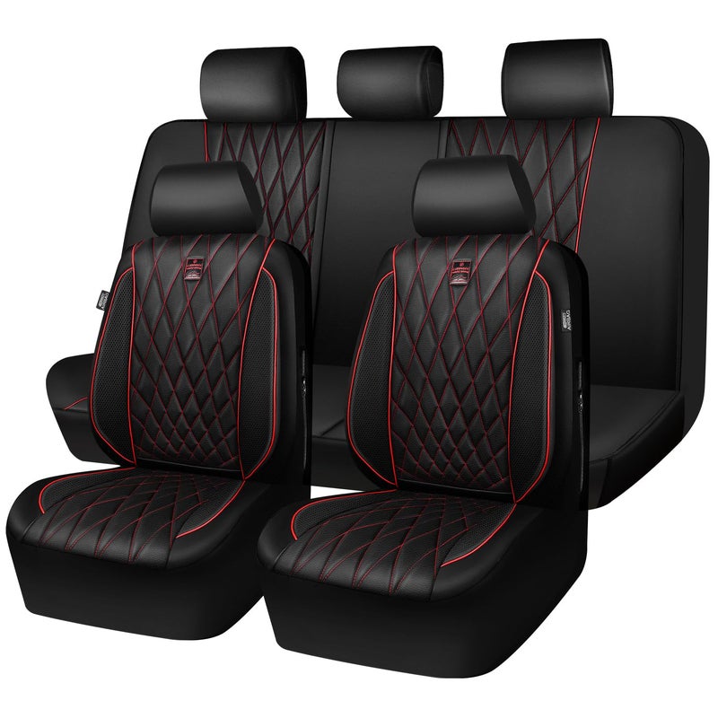 CAR PASS Piping Luxury Leather Seat Covers Full Set,5 Seats Anti-Slip Waterproof Seat Covers Compatible with Front Armrests,Universal Fit for Sendan SUV Van Truck,Airbag Compatible,Black and Red - Image 1