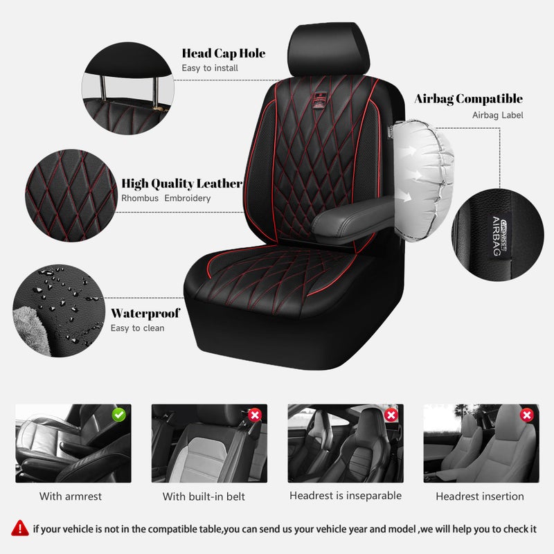 CAR PASS Piping Luxury Leather Seat Covers Full Set,5 Seats Anti-Slip Waterproof Seat Covers Compatible with Front Armrests,Universal Fit for Sendan SUV Van Truck,Airbag Compatible,Black and Red - Image 5