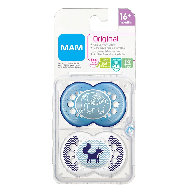 MAM Original Baby Pacifier, Nipple Shape Helps Promote Healthy Oral Development, Sterilizer Case, 2 Pack, 16+ Months, Animal/Boy - Image 2