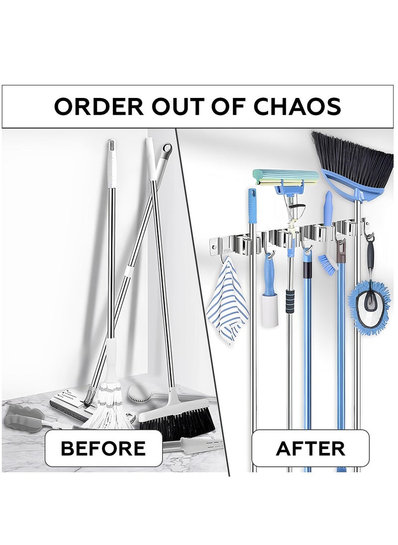 AMROAH Stainless Steel 304 Wall Broom Mop Holder 5 Racks 4 Hooks, Heavy-Duty Anti-Slip Broom Mop Mount Hanger Storage Organizer for Home Garage Kitchen Closet Laundry Room Outdoor Garden  - Image 2