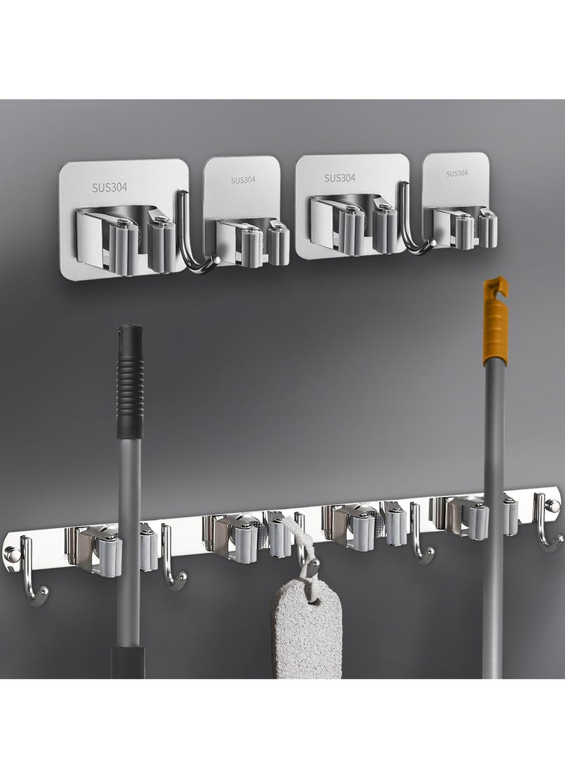 AMROAH Stainless Steel 304 Wall Broom Mop Holder 5 Racks 4 Hooks, Heavy-Duty Anti-Slip Broom Mop Mount Hanger Storage Organizer for Home Garage Kitchen Closet Laundry Room Outdoor Garden  - Image 1