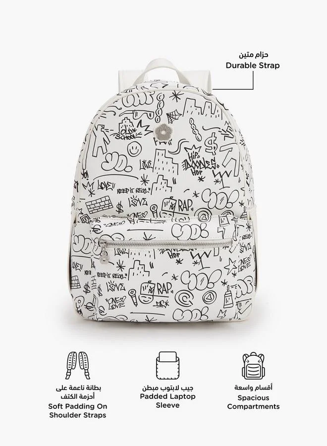Missy Graffiti Print School Backpack With Adjustable Shoulder Straps