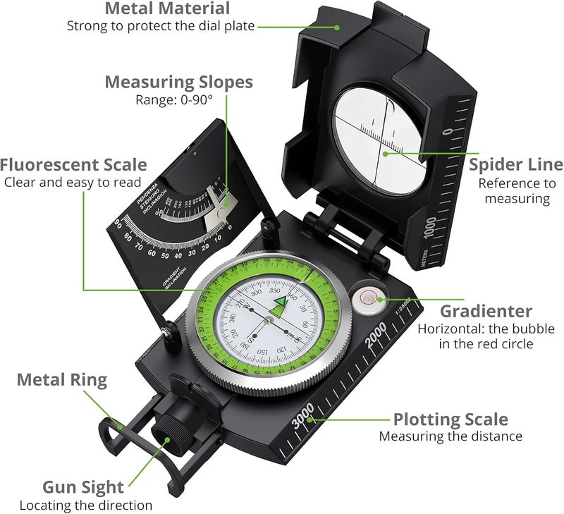 IP65 Hiking Compass with Sighting Clinometer Professional Military Compass Metal Camping Compass Waterproof with Carry Bag for Camping Hunting Hiking Geology Activities - Image 2