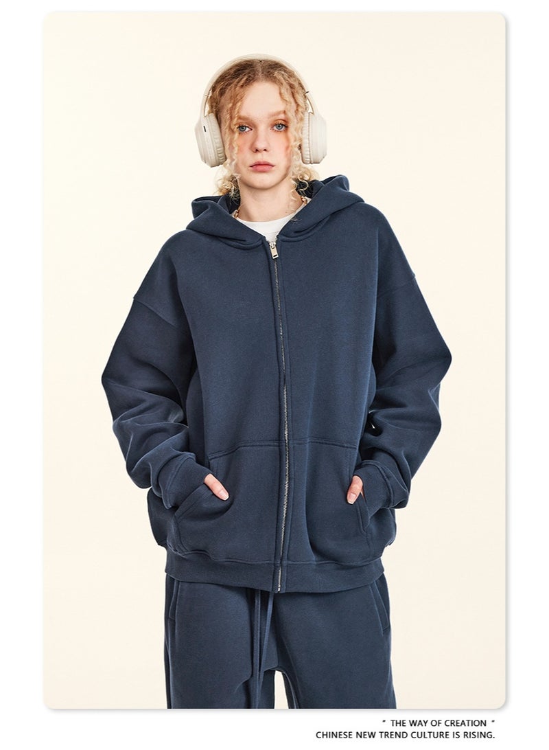 بى طقم من قطعتين: سويت شيرت بغطاء رأس بلون سادة مبطن بالصوف، وكارديجان فضفاض كاجوال، وبنطال رياضي (أزرق داكن) - Image 3