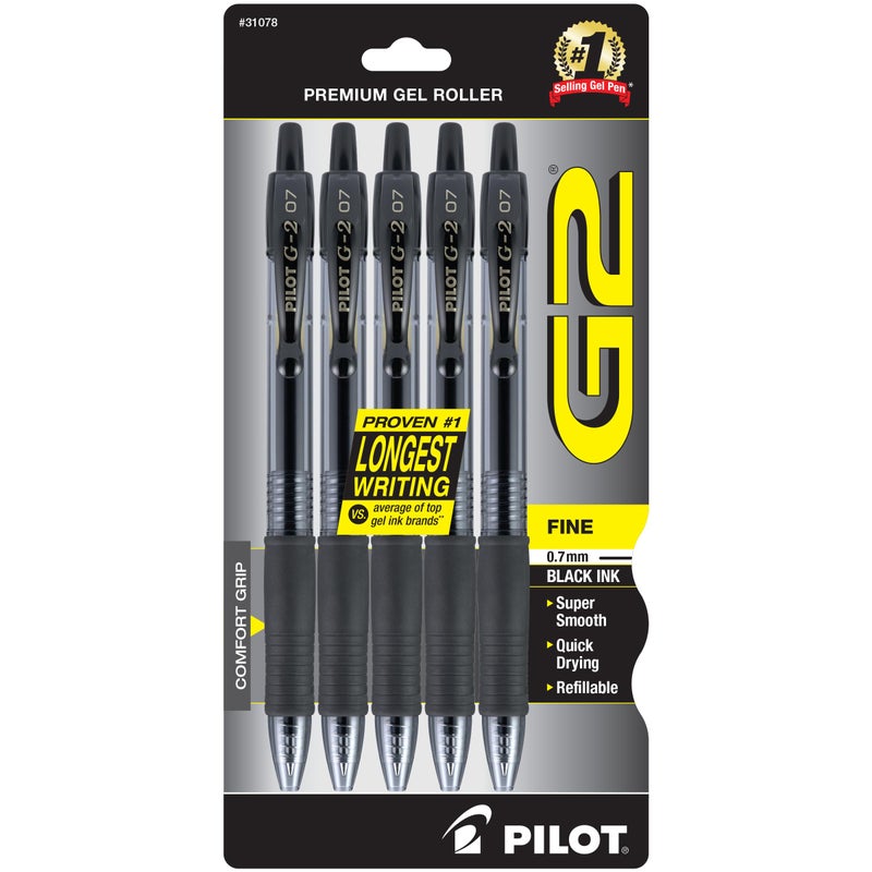 Pilot G2 Premium Gel Roller Pens 0.7, Fine Point Smooth Writing Pens Black, Pack of 5 - Image 1