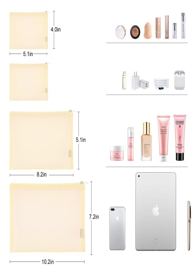 EASYFUN Mesh Pouch, Make up Bag with Zipper Cosmetic Organizer Pouch for Daily or Travel to Keep Small Items, 4 PCS Champagne - Image 2