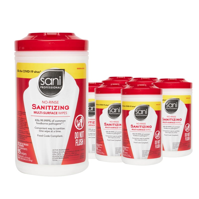 PDI Sani-Professional Sanitizing Wipes, No-Rinse Multi-Surface Cleaning for Food Contact Surfaces, Kitchens, Restuarants Tables, 95 Large 7.75" x 9" Count per Canister, Pack of 6 - Image 1