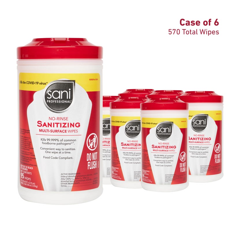PDI Sani-Professional Sanitizing Wipes, No-Rinse Multi-Surface Cleaning for Food Contact Surfaces, Kitchens, Restuarants Tables, 95 Large 7.75" x 9" Count per Canister, Pack of 6 - Image 2