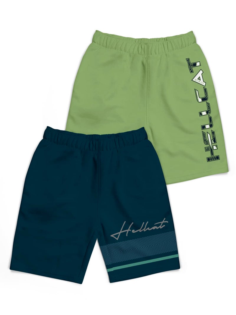 HELLCAT Pack of 2 Trendy Typographic Printed Mid Rise Shorts for Boys - Petrol Blue/Jade Green / 7-8 Years - Image 1