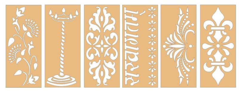 300Sparkles 6 Pcs Set Wooden Rangoli Stencil for Diwali and Festive Home and Floor Decoration 6 Design 3x7 Inches - Image 1