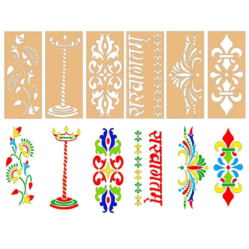 300Sparkles 6 Pcs Set Wooden Rangoli Stencil for Diwali and Festive Home and Floor Decoration 6 Design 3x7 Inches - Image 2