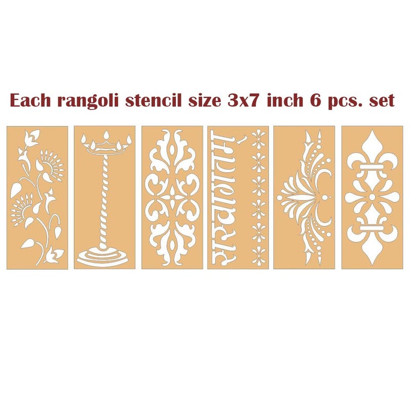 300Sparkles 6 Pcs Set Wooden Rangoli Stencil for Diwali and Festive Home and Floor Decoration 6 Design 3x7 Inches - Image 3