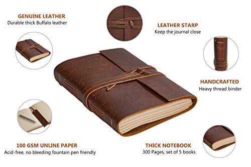 HLC Leather Journal Notebook - Rustic Handmade Vintage Leather Bound Journals for Men and Women - Leather Craft Unlined Paper 300 Pages, Leather Book Diary Pocket Notebook, Diary To Write In (5" x 7") - Image 2