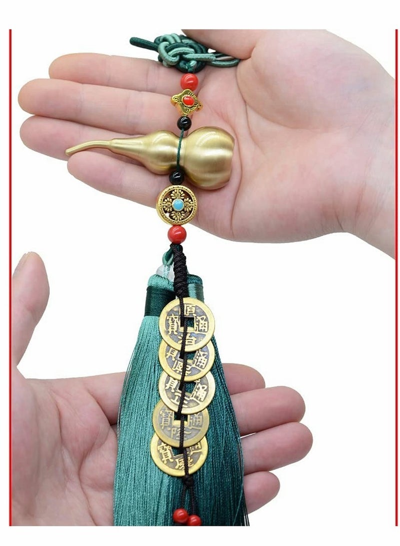 Excefore Chinese Knot Feng Shui Coins with Brass Calabash Hanging Decoration for Good Luck, Wealth Success and Longevity (Green) - Image 3