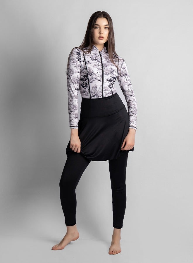 منيرفا سيكرت طقم بوركيني بلاك ويلو الفاخر الحصري من  قطع مع بلوزة أنيقة وسروال ضيق عالي الخصر وتنورة شاطئ أنيقة وملابس سباحة أنيقة - Image 1