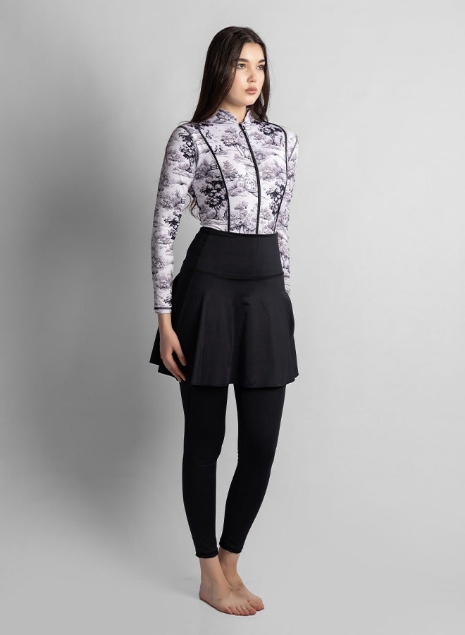 منيرفا سيكرت طقم بوركيني بلاك ويلو الفاخر الحصري من  قطع مع بلوزة أنيقة وسروال ضيق عالي الخصر وتنورة شاطئ أنيقة وملابس سباحة أنيقة - Image 2