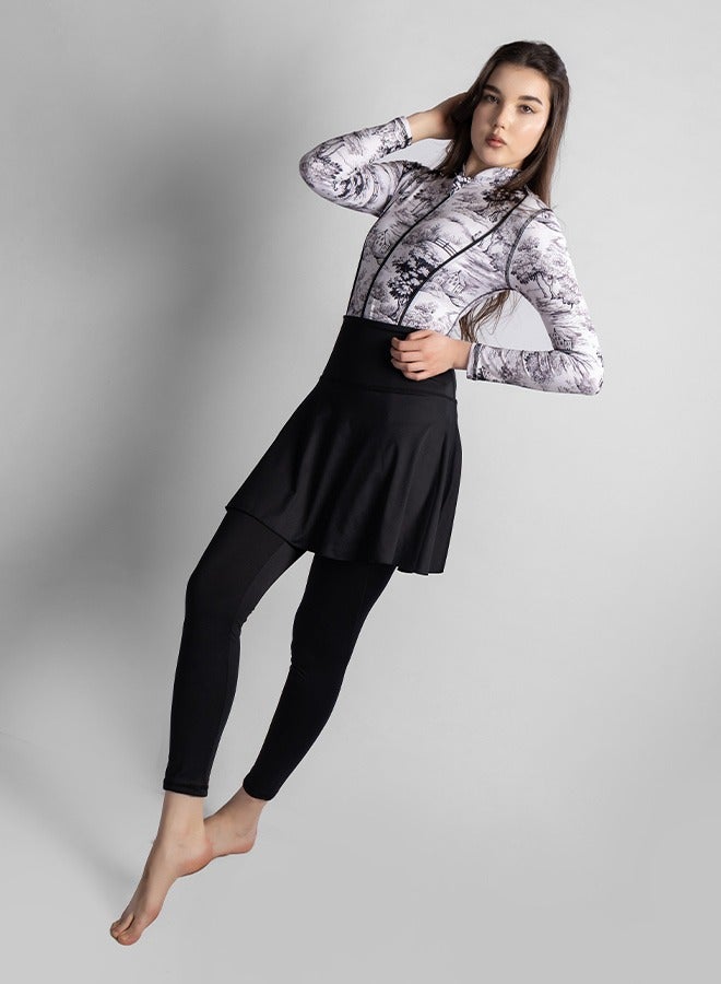 منيرفا سيكرت طقم بوركيني بلاك ويلو الفاخر الحصري من  قطع مع بلوزة أنيقة وسروال ضيق عالي الخصر وتنورة شاطئ أنيقة وملابس سباحة أنيقة - Image 3