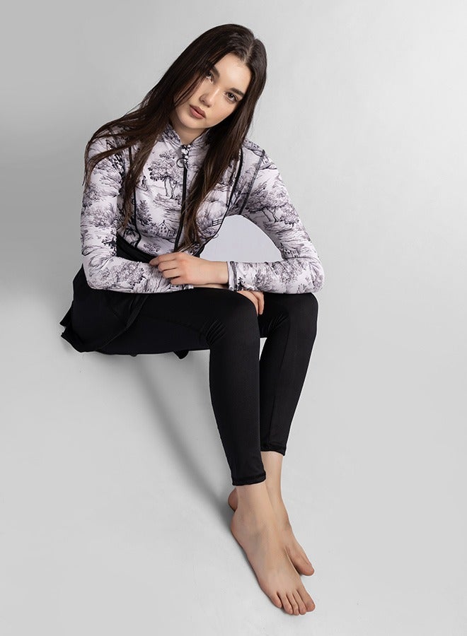 منيرفا سيكرت طقم بوركيني بلاك ويلو الفاخر الحصري من  قطع مع بلوزة أنيقة وسروال ضيق عالي الخصر وتنورة شاطئ أنيقة وملابس سباحة أنيقة - Image 5