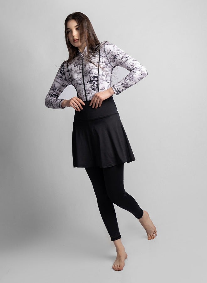 منيرفا سيكرت طقم بوركيني بلاك ويلو الفاخر الحصري من  قطع مع بلوزة أنيقة وسروال ضيق عالي الخصر وتنورة شاطئ أنيقة وملابس سباحة أنيقة - Image 4