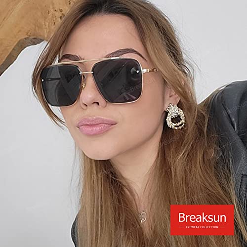 Breaksun Oversized Square Aviator Sunglasses for Men Women Fashion Metal Frame Aviator Sun Glasses Tinted Lens (Gold/Grey) - Image 2