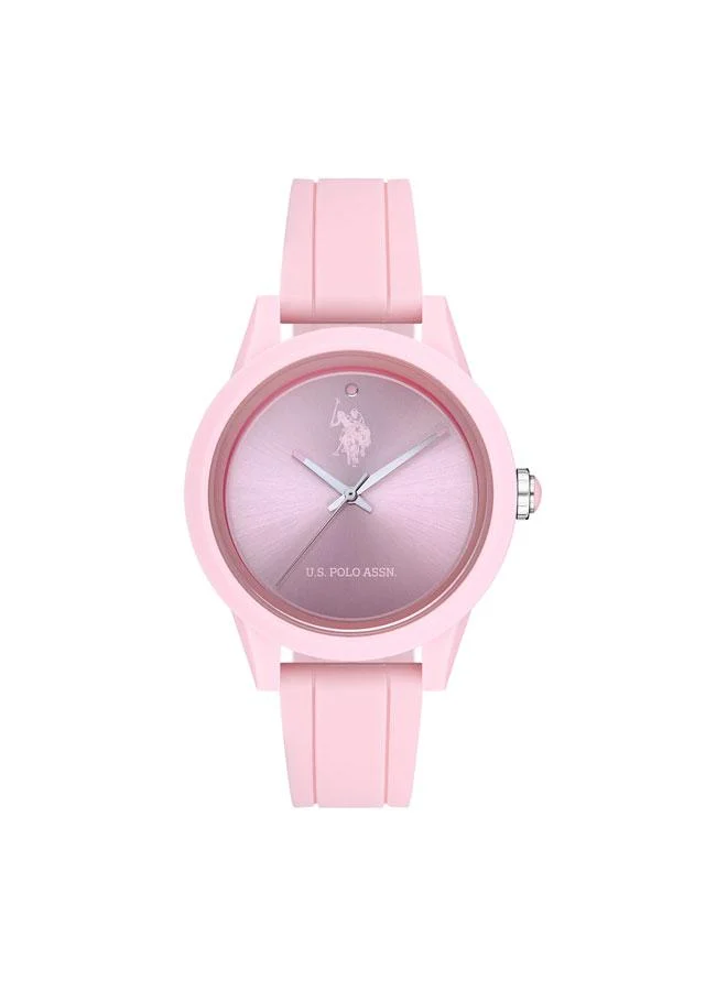 يو اس بولو اسن ساعة يد نسائية يارد بقرص وردي وسوار ستانلس ستيل تناظرية  ملم