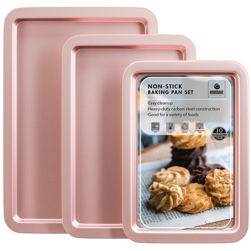 HONGBAKE Baking Sheet Pan Set Cookie Sheet for Oven Nonstick Bakeware Sets with Wider Grips 3 Pack HalfJelly RollQuarter Baking Tray Premium Dishwasher SafePink